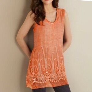 Soft Surroundings Silk Romance Sheer Embellished Tunic Top Womens L Peach